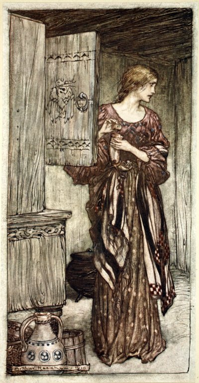 „Sieglinde przygotowuje na noc projekt Hundinga”, 1910. autorstwa Arthur Rackham
