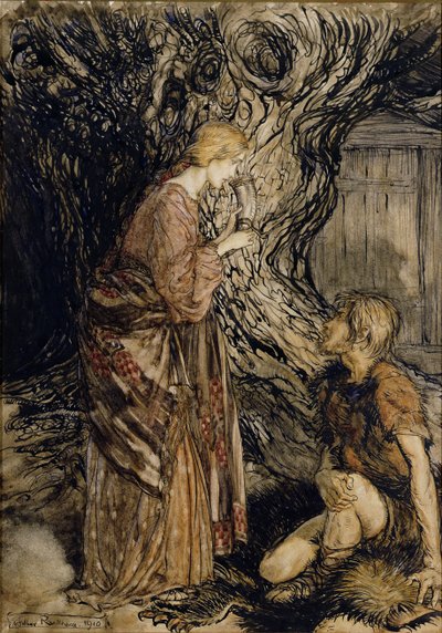 Siegmund i Sieglinde, Ilustracja z Złota Renu i Walkirii Richarda Wagnera, Heinemann, 1910 (pióro i atrament z wc na papierze) autorstwa Arthur Rackham