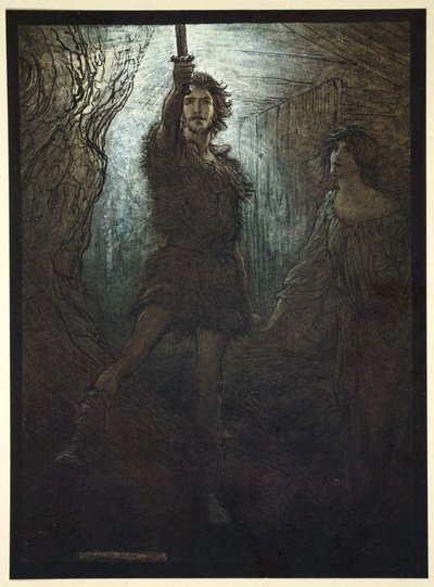 — Widzisz Siegmunda Walsunga! Jako prezent dla narzeczonej przynosi ci swój miecz”, 1910. autorstwa Arthur Rackham