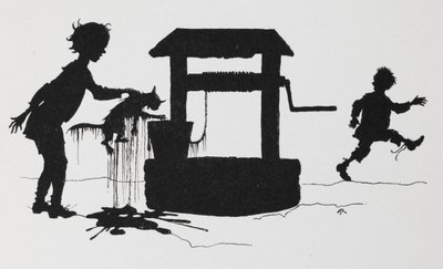 Sylwetka chłopca wyciągającego kota ze studni. autorstwa Arthur Rackham