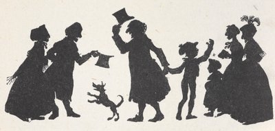 Sylwetka młodego chłopca i mężczyzny witających ludzi w drodze do domu z kościoła. autorstwa Arthur Rackham