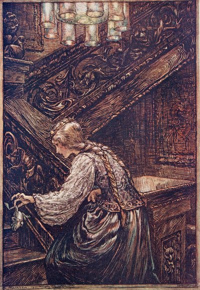 Złapała go więc dwoma palcami i zaniosła na górę…, z The Fairy Tales of the Brothers Grimm, wyd. 1909 autorstwa Arthur Rackham
