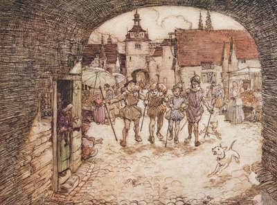 Tak więc czterej bracia wzięli swoje kije do rąk, pożegnali się z ojcem i wyszli za bramę miasta, z Baśni braci Grimm, wyd. 1909 autorstwa Arthur Rackham