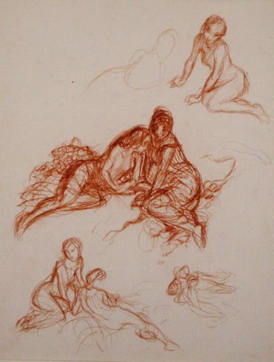 Badania dziewcząt siedzących na trawie (sangwina na papierze) autorstwa Arthur Rackham