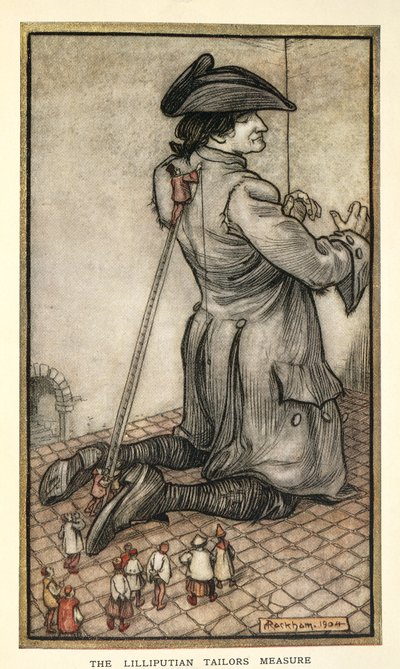 Krawcy Lilliputa mierzący Guliwera, ilustracja z Podróży Guliwera autorstwa Jonathana Swifta, autorstwa Arthura Rackhama autorstwa Arthur Rackham