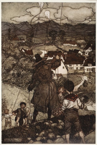 Nauczył ich latać latawcem., od Rip Van Winkle przez Washington Irving, pub. 1910 autorstwa Arthur Rackham