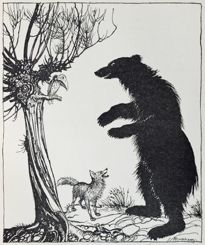 Niedźwiedź i lis, ilustracja z „Bajek Ezopa”, wydanej przez Heinemanna, 1912 autorstwa Arthur Rackham
