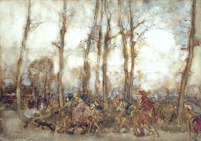 Żebracy przybywają do miasta autorstwa Arthur Rackham