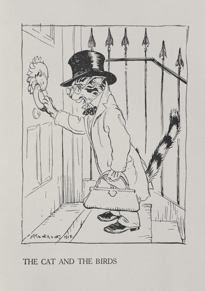 Kot i ptaki, ilustracja z „Bajek Ezopa”, wydanej przez Heinemanna, 1912 autorstwa Arthur Rackham