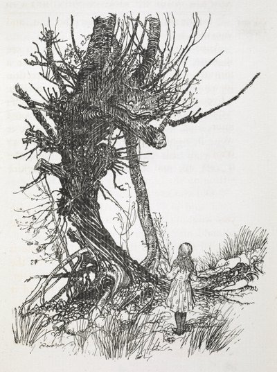 Kot z Cheshire na drzewie patrzący z góry na Alice autorstwa Arthur Rackham