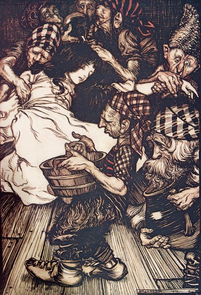 Krasnoludy, gdy przyszły wieczorem, znalazły leżącą na ziemi Przebiśnieg z The Fairy Tales of the Brothers Grimm, pub. 1909 autorstwa Arthur Rackham