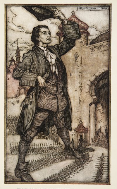 Cesarz Lilliput recenzuje swoje wojska, z Podróży Guliwera Jonathona Swifta (1667-1745), wyd. 1909 (kolor lito) autorstwa Arthur Rackham