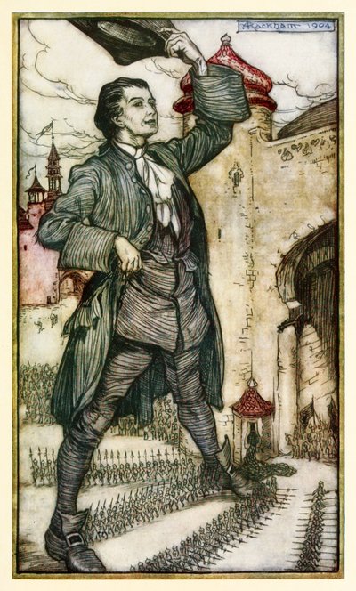 Cesarz Liliputu dokonuje przeglądu swoich wojsk z części I: Podróż do Liliputu w Podróżach Guliwera Jonathana Swifta autorstwa Arthur Rackham