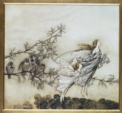 Wróżki mają swój Tiff z ptakami, 1906 ilustracja do Piotrusia Pana w Kensington Gardens autorstwa J.M. Barrie, wyd. 1906 (atrament i toaleta) autorstwa Arthur Rackham