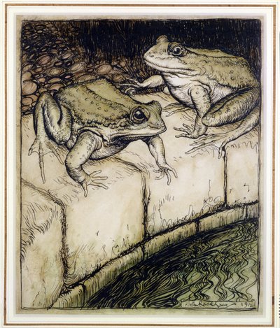 Żaby i studnia, ilustracja z Bajek Ezopów, wydana w 1912 r. (pióro i atrament i toaleta na papierze) autorstwa Arthur Rackham