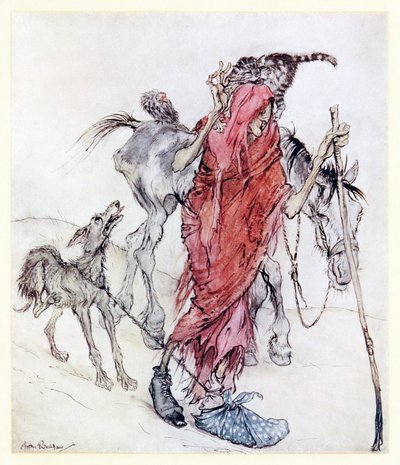 Wiedźma z młyna była kościstym, cienkim słupem wiedźmy o dziwnych stopach. z Mongans Frenzy w irlandzkich bajkach autorstwa Arthur Rackham