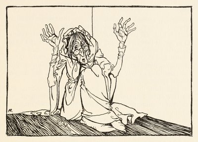 Wiedźma siedziała pod ścianą, z Morgans Frenzy w Irish Fairy Tales autorstwa Arthur Rackham
