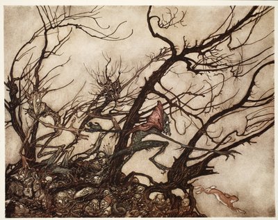 Indianie uważali je za siedzibę duchów., z Rip Van Winkle przez Washington Irving, wyd. 1910 autorstwa Arthur Rackham