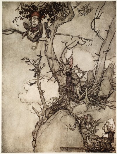 Góry Kaatsberg czy Catskill zawsze były regionem pełnym baśni, od Rip Van Winkle po Washington Irving, pub. 1910 autorstwa Arthur Rackham