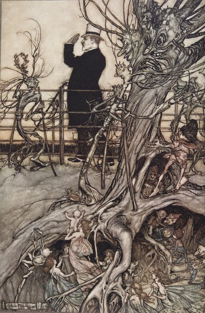 Kensington Gardens znajdują się w Londynie, gdzie mieszka król ..", od Piotruś Pan w Kensington Gardens autorstwa JM Barrie (1860 - 1937), wyd. 1906 (kolor lito) autorstwa Arthur Rackham