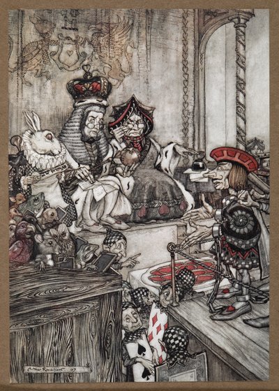 Łotr Kier w doku przed Królową i Królem Kier oskarżonymi o kradzież tart autorstwa Arthur Rackham