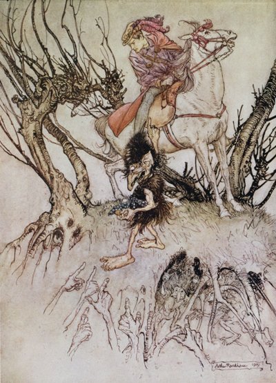 Rycerz Hulbrand z gnomem, ilustracja do bajki „Undine” barona de la Motte Fouque, 1909 autorstwa Arthur Rackham