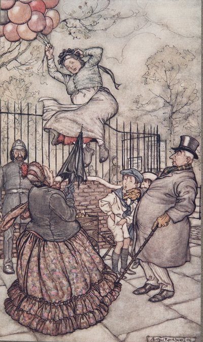 Pani z balonami, która siedzi na zewnątrz, z Piotrusia Pana w Kensington Gardens JM Barrie (1860 - 1937), wyd. 1906 autorstwa Arthur Rackham