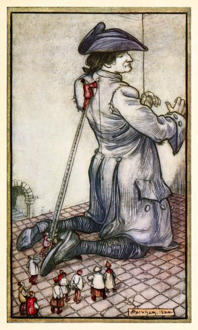 Krawcy z Liliputu mierzą Guliwera na nowy strój z części I: Podróż do Liliputu w Podróżach Guliwera Jonathana Swifta. autorstwa Arthur Rackham