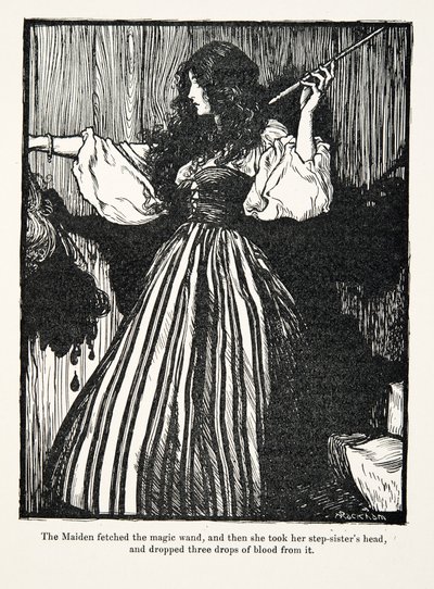 Dziewica wzięła magiczną różdżkę, a potem uniosła głowę przyrodniej siostry i upuściła trzy krople krwi z pubu The Fairy Tales of the Brothers Grimm. 1909 autorstwa Arthur Rackham