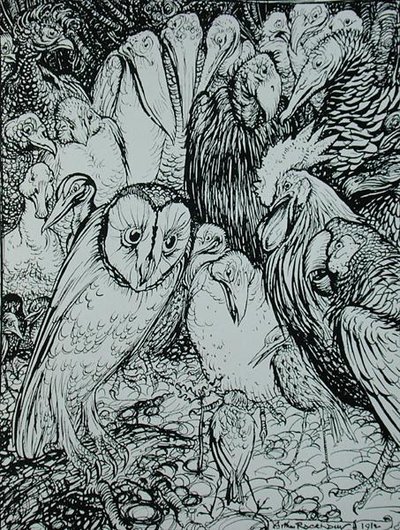 Sowa i ptaki, ilustracja z „Bajek Ezopa”, wydanej przez Heinemann autorstwa Arthur Rackham