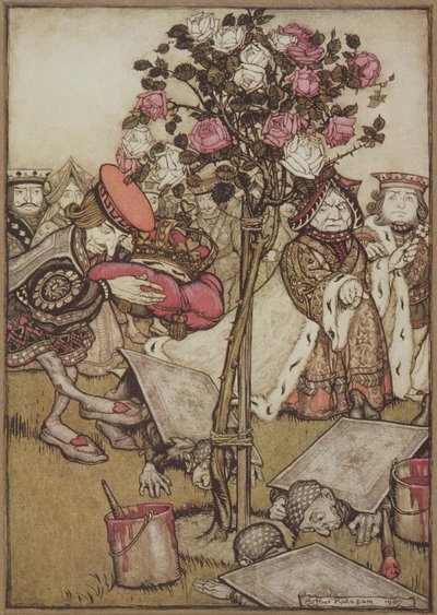 Królowa odwróciła się ze złością od niego i powiedziała Waletowi: „Przewróć ich” z „Alicji w Krainie Czarów” Lewisa Carrolla, pub. 1907 (kolor lito) autorstwa Arthur Rackham