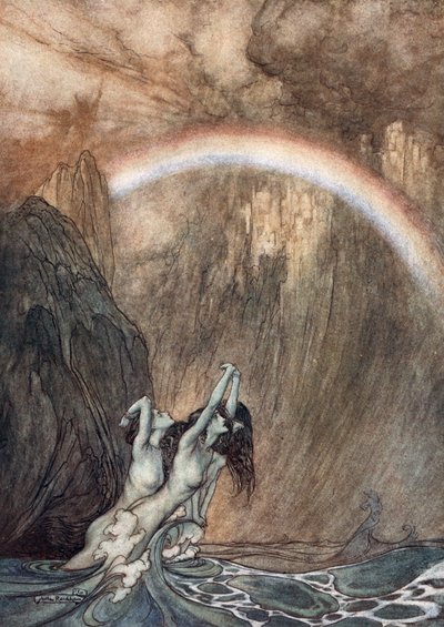 „Piękne nadreńskie dzieci, opłakując utracone złoto, płaczą”, 1910. autorstwa Arthur Rackham