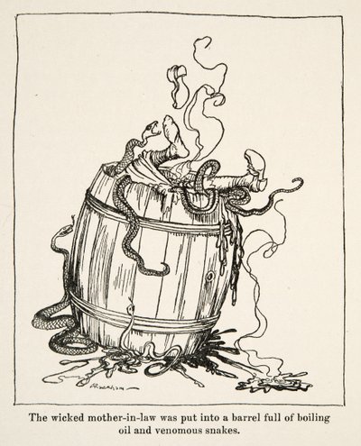 Zła teściowa została umieszczona w beczce pełnej wrzącego oleju i jadowitych węży, z Little Brother & Little Sister and Other Tales by Brothers Grimm, pub.1917 (lito) autorstwa Arthur Rackham