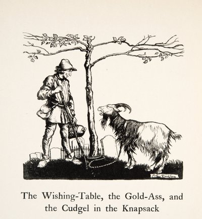 Stół życzeń, złoty osioł i pałka w plecaku, z filmu Little Brother & Little Sister i inne opowieści braci Grimm, wyd. 1917 (lito) autorstwa Arthur Rackham
