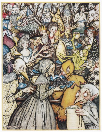 "O banquete onde a companhia realmente grande estava reunida". O rei Elfin, usando uma coroa dourada, suas filhas, goblins e trolls se reuniram para uma refeição. Ilustração para 