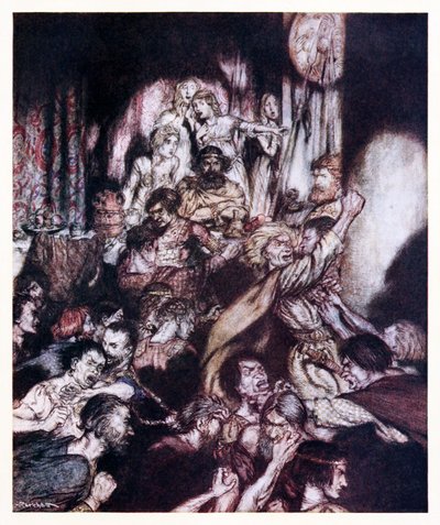 W sali bankietowej panował chaos. z The Little Brawl w irlandzkich bajkach autorstwa Arthur Rackham
