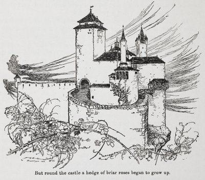 Zamek otoczony cierniami z Dzikiej Róży (Śpiąca Królewna) autorstwa Arthur Rackham