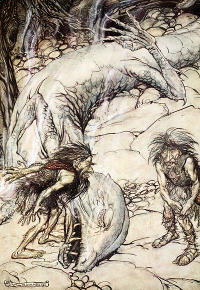 „Karnoludy kłócą się o ciało Fafnera”, 1924. autorstwa Arthur Rackham