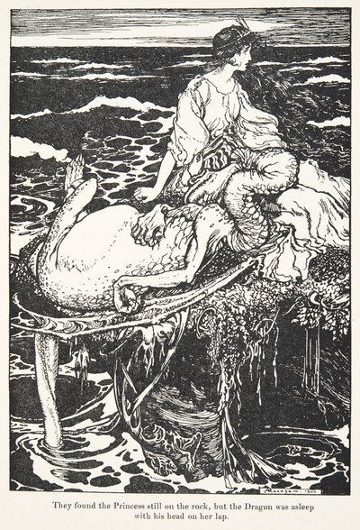 Księżniczka wciąż leżała na skale, ale Smok spał z głową na kolanach, z The Fairy Tales of the Brothers Grimm, pub. 1909 autorstwa Arthur Rackham