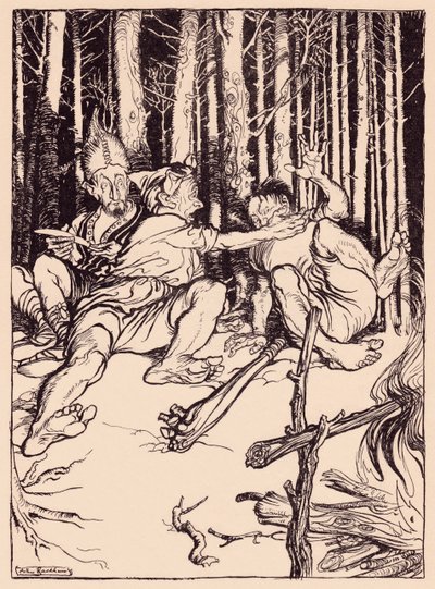 Gigant dał temu, który siedział obok niego, pudło w ucho. Ilustracja autorstwa Arthura Rackhama z baśni Grimm, The Skillful Huntsman. autorstwa Arthur Rackham