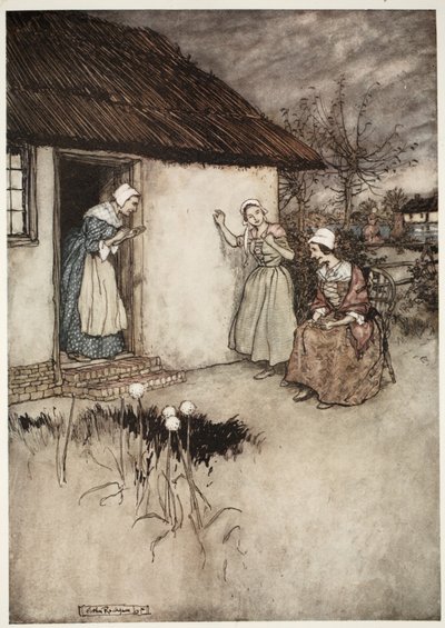 Dobre żony z wioski nigdy nie zawiodły, plotkując wieczorami, zrzucając całą winę na Dame Van Winkle z pubu Rip Van Winkle wydanego przez Washington Irving. 1910 autorstwa Arthur Rackham