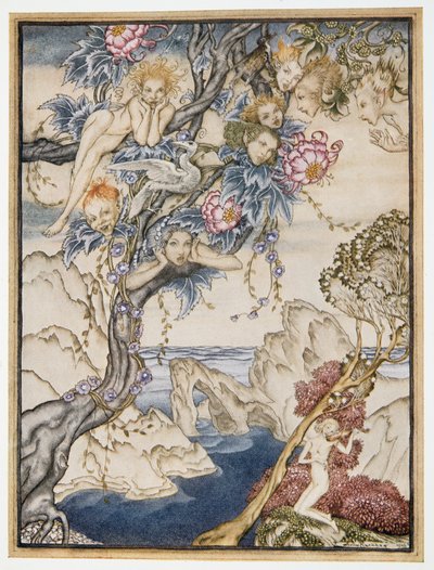 Wyspa pełna jest hałasów, dźwięków i słodkich powiewów, które dają rozkosz i nie przeszkadzają, ilustracja z Burzy Williama Shakespearesa, pub. 1926 autorstwa Arthur Rackham