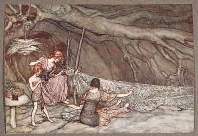 Mali ludzie tkają swoje letnie zasłony z liści szkieletów... , z Piotrusia Pana w Ogrodach Kensington J M Barrie (1860 - 1937), pub. 1906 autorstwa Arthur Rackham
