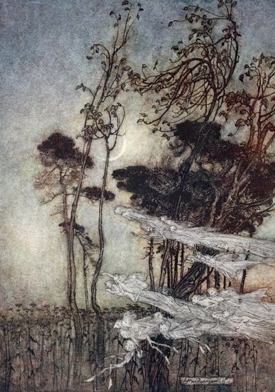 ...Księżyc jak srebrna kokardka Zgięty w niebie, ilustracja ze „Snu nocy letniej” Williama Szekspira, 1908 autorstwa Arthur Rackham