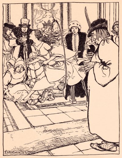 Ładna dziewczyna przeskoczyła przez obręcz z lekkością jak jeleń. Ilustracja autorstwa Arthura Rackhama z baśni Grimm, Trzy pióra. autorstwa Arthur Rackham