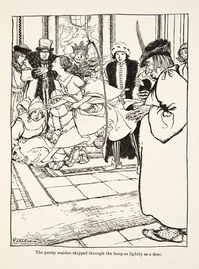 Ładna panna przeskoczyła przez obręcz tak lekko jak jeleń, z Little Brother & Little Sister i Other Tales by the Brothers Grimm, pub.1917 (litho) autorstwa Arthur Rackham