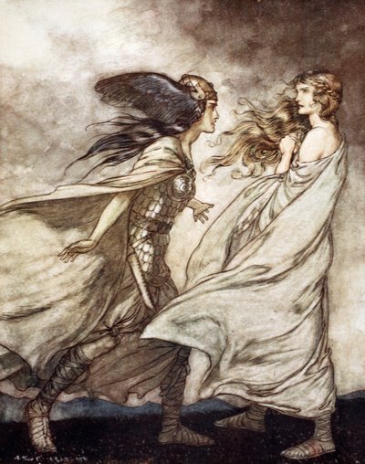 „Pierścień na twojej ręce... ach błagaj! Dla Wotana odrzuć to!”, 1924. autorstwa Arthur Rackham
