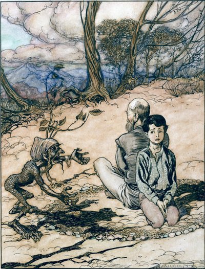 Syn utworzył krąg, a jego ojciec i on zajęli w nim miejsca, i pojawił się mały czarny manekin, ilustracja z Króla Złotej Góry w Bajkach braci Grimm, autorstwa Arthur Rackham