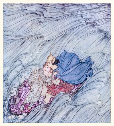 Fale wszystkich światów zdawały się wirować obok nich w jednym wielkim zielonym dywanie z Becuma of the White Skin w irlandzkich bajkach autorstwa Arthur Rackham