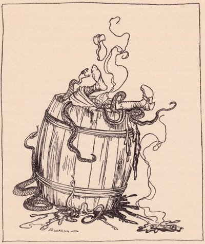 Złą teściową wsadzono do beczki pełnej wrzącego oleju i jadowitych węży. Ilustracja autorstwa Arthura Rackhama z baśni braci Grimm, Dwunastu braci, opublikowanej pod koniec XIX wieku. autorstwa Arthur Rackham